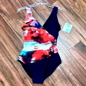 Swimsuits for All Beach Belle V-neck Surplice Rouged One Piece Swimsuit Blue 10